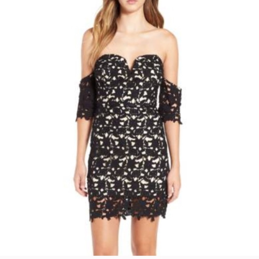 NWT JOA Cold Shoulder Black Lace Nude Dress